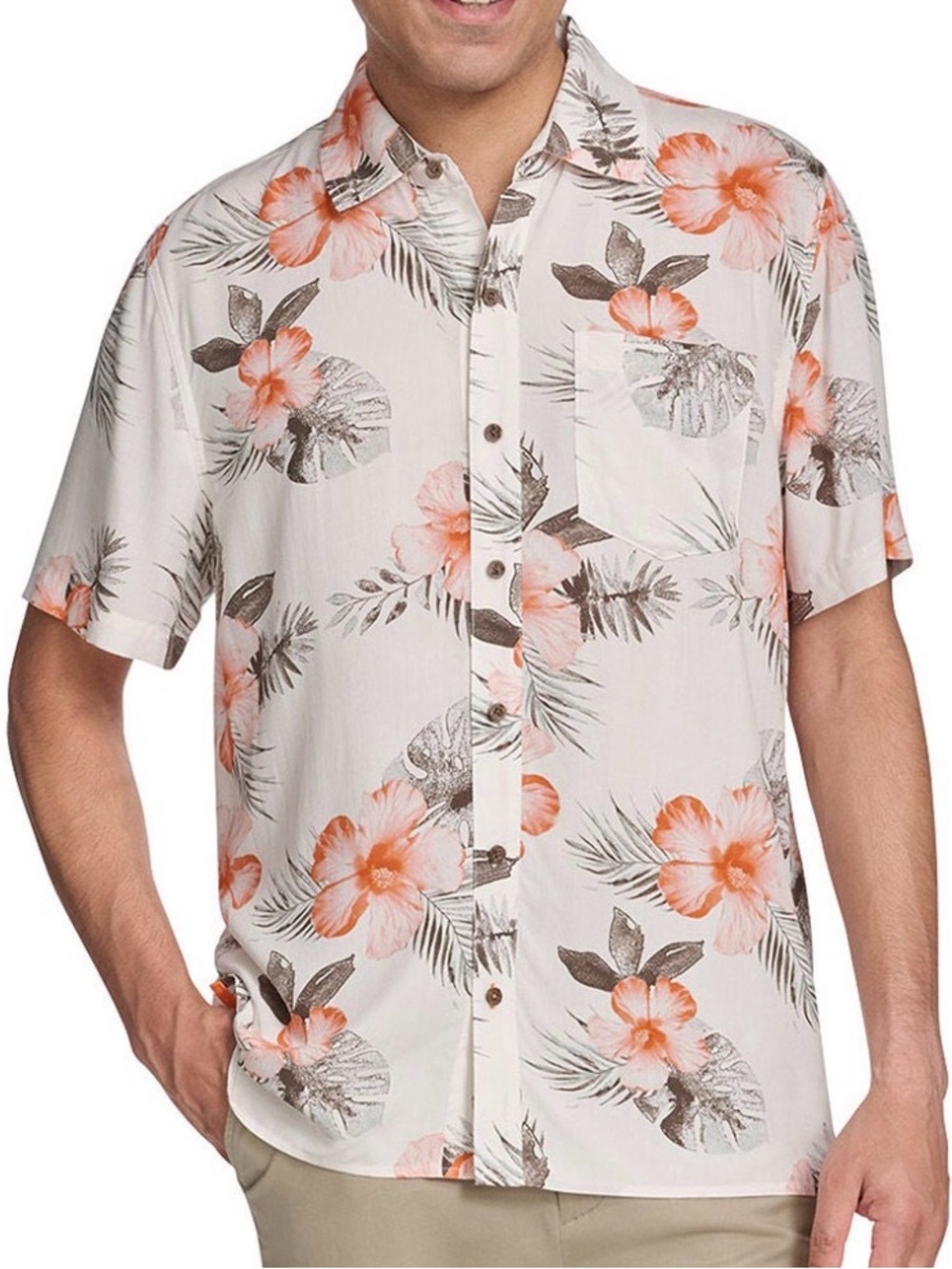 Margaritaville White Short Sleeve Button-Down with Orange Floral Print